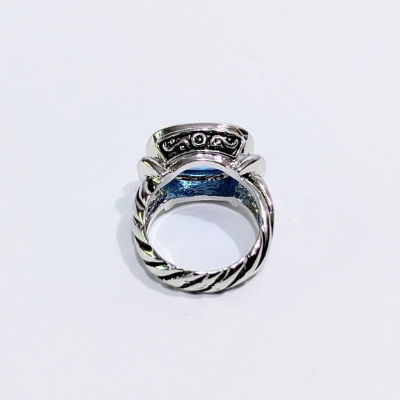 Sea Blue Topaz CZ Statement Ring | Twisted Rope Silver Band | Size 7 Boho Y2K - Picture 6 of 8